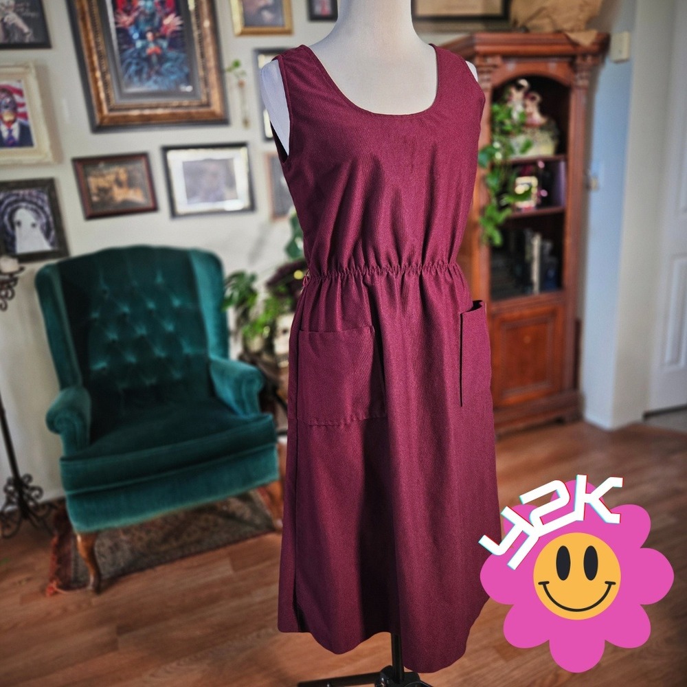 Vintage Y2K Annes Closet Burgundy Sleeveless Midi Dress Elastic Waist Pockets